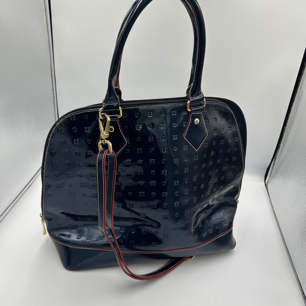 Arcadia Satchel Bag Womens Large Navy Blue Patent Leather Embossed Logo Italy